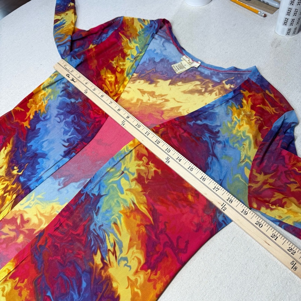 NYC Rainbow Multicolor Mesh Rave Open Front Sheer Disco Duster Cardigan Medium - Picture 11 of 16